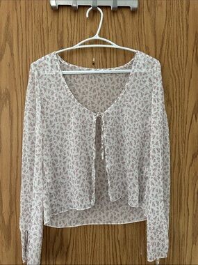 Ardene White Blush Floral Tie-Front Long Sleeve Top